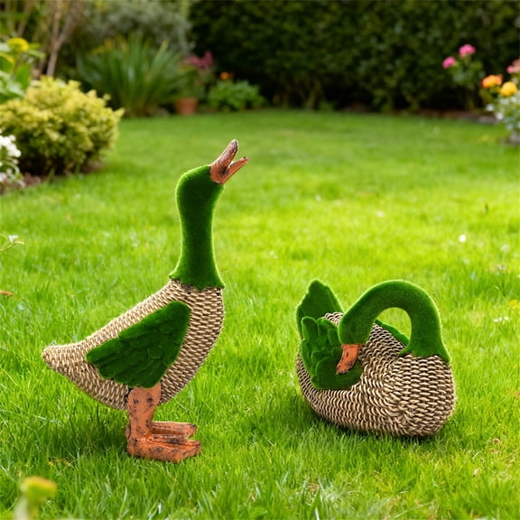Wicker Duck Garden Statues Outdoor Farmhouse Decor Flocked Moss Woven Rattan Texture Animal Sculptures for Patio Lawn Backyard Pond Decoration Rustic Gift(Duck with Head up)