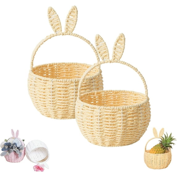 Wicker Easter Basket with Handle Easter Bunny Rattan Woven Basket Picnic Basket with Rabbit Ear Straw Wicker Easter Egg Candy Basket for Egg Hunt Party Supplies Easter Gifts