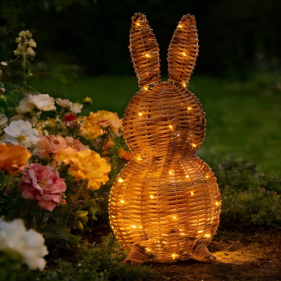Wicker Easter Bunny, 14" Rattan Bunny Outdoor Light UP Woven Wicker, Rabbit Topiary Easter Porch Decor