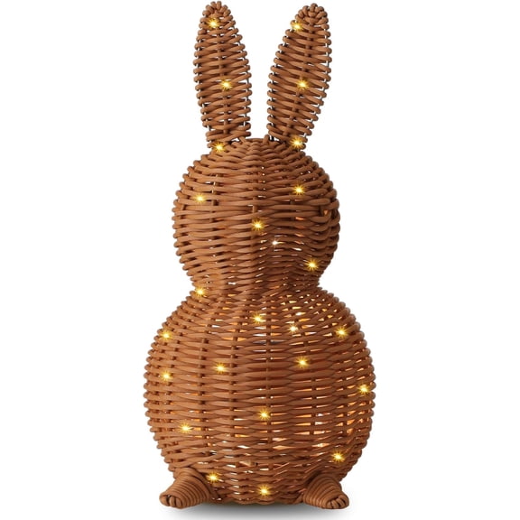Wicker Easter Bunny Light Up Easter Rattan Bunny Decorations, 13.8 Inch Woven Rabbit Tabletop Centerpiece with Light, Rabbit Ornament for Mantel Fireplace Easter Home Tiered Tray Decor