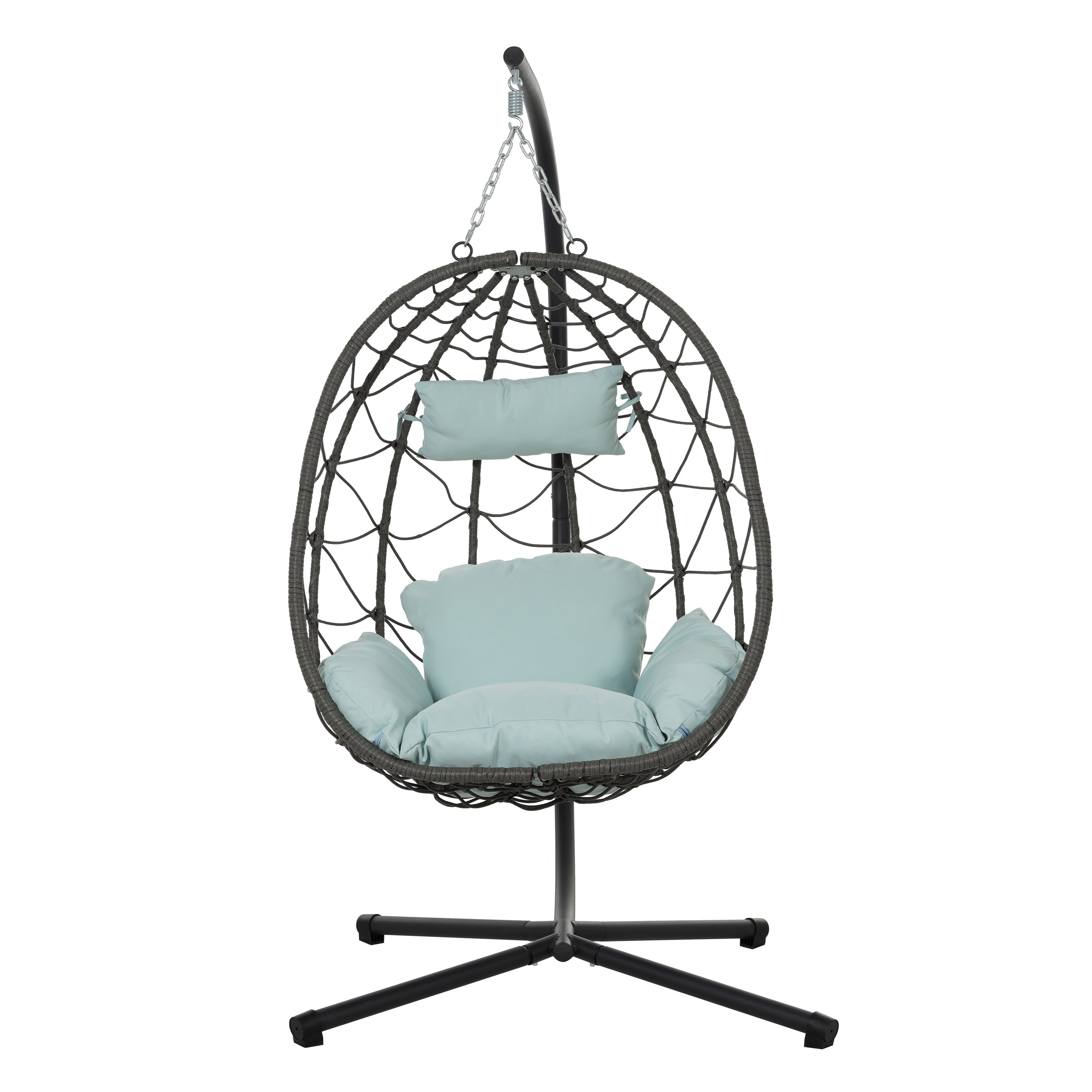 Gray Steel Outdoor Egg Chair with Light Cyan Cushions