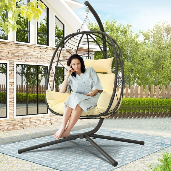 LEGAHOME Wicker Egg Chair, Patio Foldable Swing Chair with Stand and Removable Cushion, All-Weather Rattan Hanging Basket Chair Hammock Chair for Patio Balcony Porch Garden, 350lbs Capacity, Beige