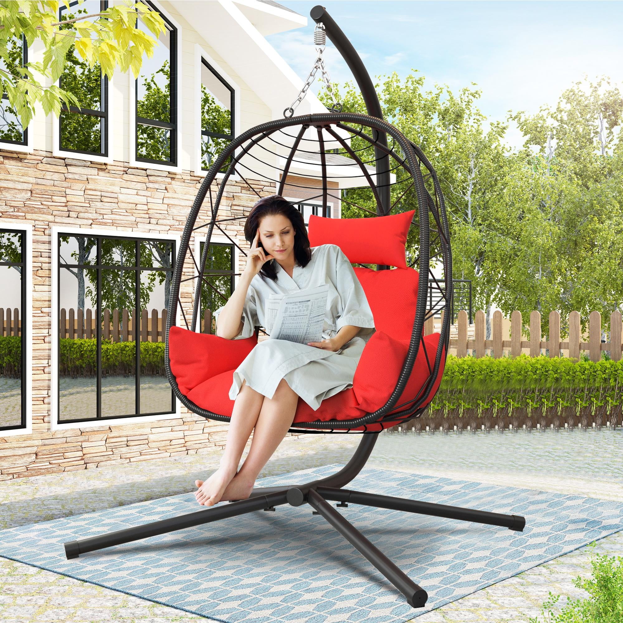 BTMWAY Wicker Egg Swing Chair, Indoor/Outdoor, w/ Cushion, Cream