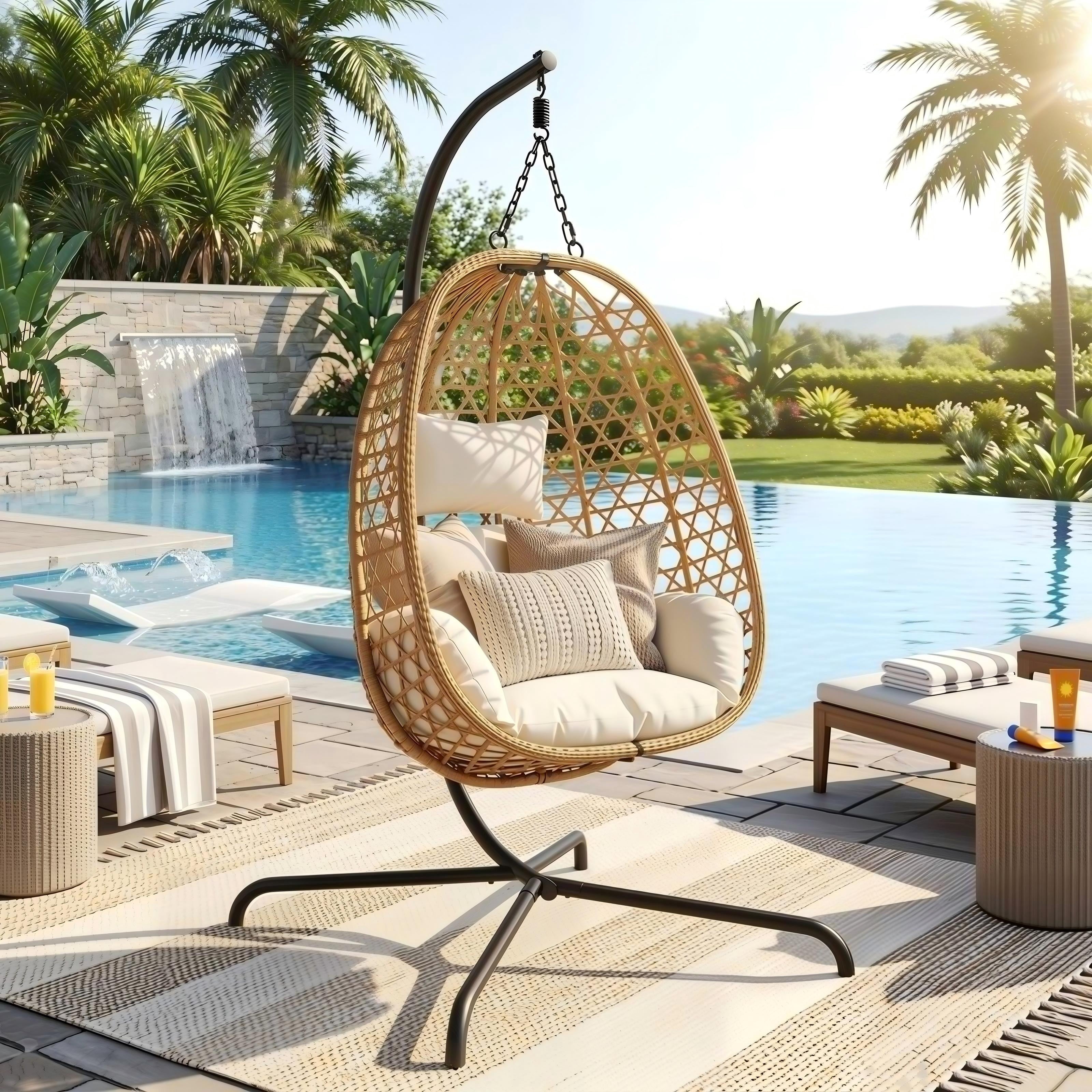 Wicker Egg Chair with Metal Stand, 350LBS Capacity Hanging Hammock Swing Chair, Ergonomic PE Rattan Lounge Chair Indoor Outdoor for Bedroom Balcony Patio Garden