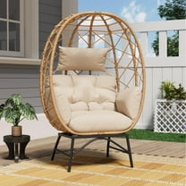Wicker Egg Chair Outdoor, Oversized Patio Lounge Chairs with Cushion for Indoor Living Room, Bedroom, Outside Backyard Balcony-Beige