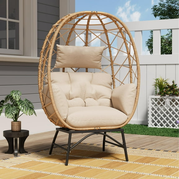 Wicker Egg Chair Outdoor, Oversized Patio Lounge Chairs with Cushion for Indoor Living Room, Bedroom, Outside Backyard Balcony-Beige