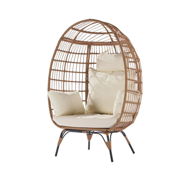 Wicker Egg Chair, Oversized Indoor Outdoor Boho Lounger Chair Stationary Egg Basket Chair, All-Weather 440lb Capacity Patio Chair, Beige