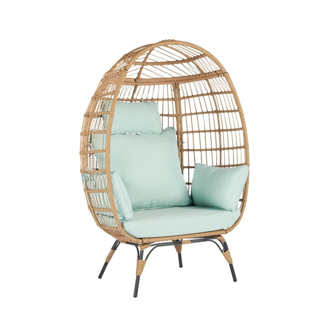 Wicker Egg Chair, Oversized Indoor Outdoor Boho Lounger Chair Stationary Egg Basket Chair, All-Weather 440lb Capacity Patio Chair, Blue