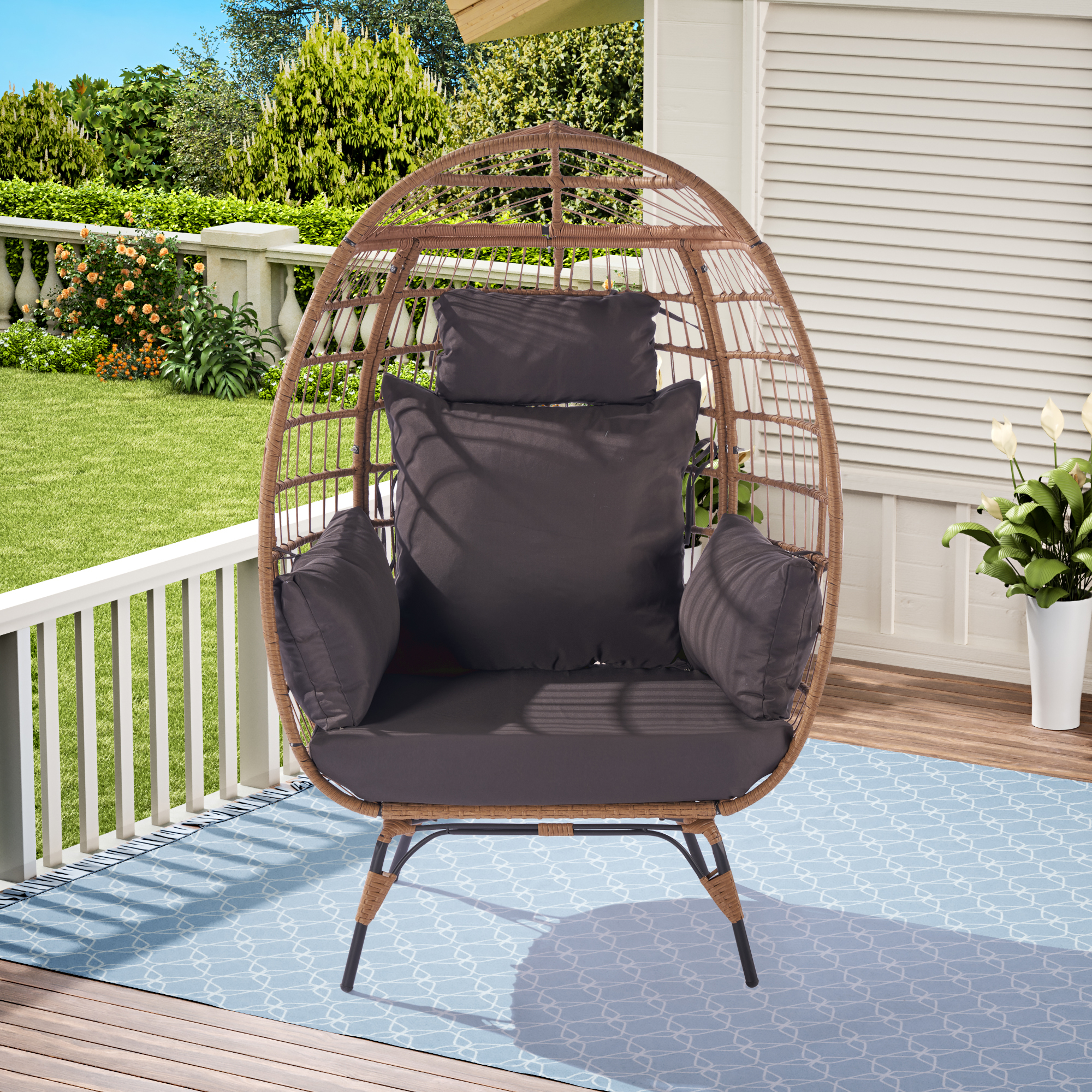 Wicker Egg Chair, Oversized Indoor Outdoor Boho Lounger Chair Stationary Egg Basket Chair, All-Weather 440lb Capacity Patio Chair, Dark Gray - image 1 of 9