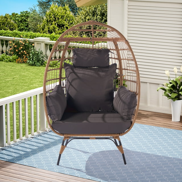 Wicker Egg Chair, Oversized Indoor Outdoor Boho Lounger Chair Stationary Egg Basket Chair, All-Weather 440lb Capacity Patio Chair, Dark Gray