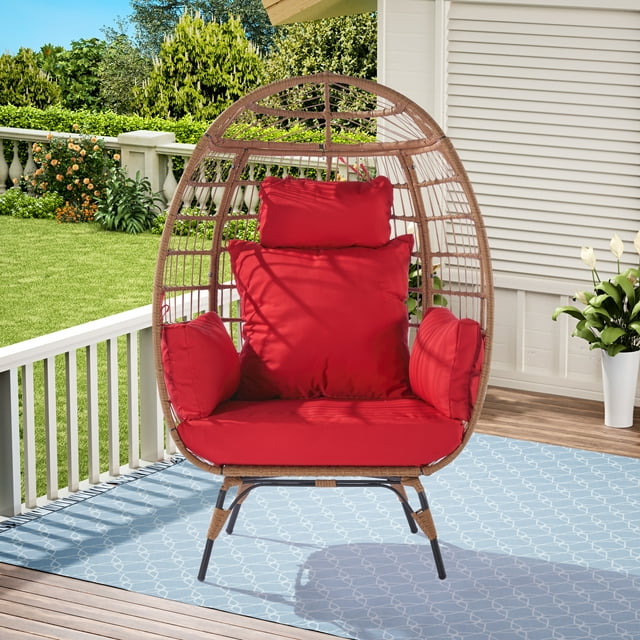 Wicker Egg Chair, Oversized Indoor Outdoor Boho Lounger Chair Stationary Egg Basket Chair, All-Weather 440lb Capacity Patio Chair, Red