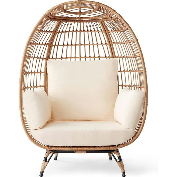 Wicker Egg Chair, Oversized Indoor Outdoor Lounger for Patio, Backyard, Living Room w/ 4 Cushions, Steel Frame, 440lb Capacity - Ivory