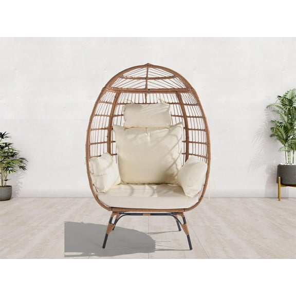 Wicker Egg Chair, Oversized Indoor Outdoor Lounger for Patio, Backyard, Living Room w/ 5 Cushions, Steel Frame, 440lb Capacity - Beige