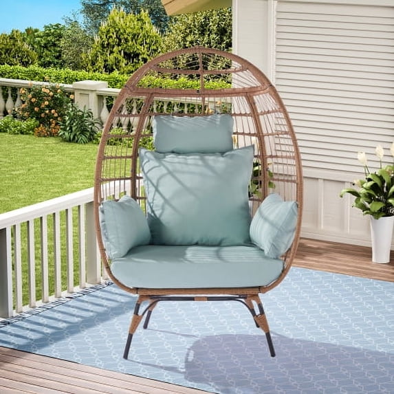 Wicker Egg Chair, Oversized Indoor Outdoor Lounger for Patio, Backyard, Living Room w/ 5 Cushions, Steel Frame, 440lb Capacity - Light Blue