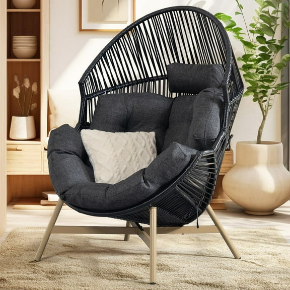 Wicker Egg Chair With Cushion - Lounge Chair Design (Onyx Stone - Black Base)