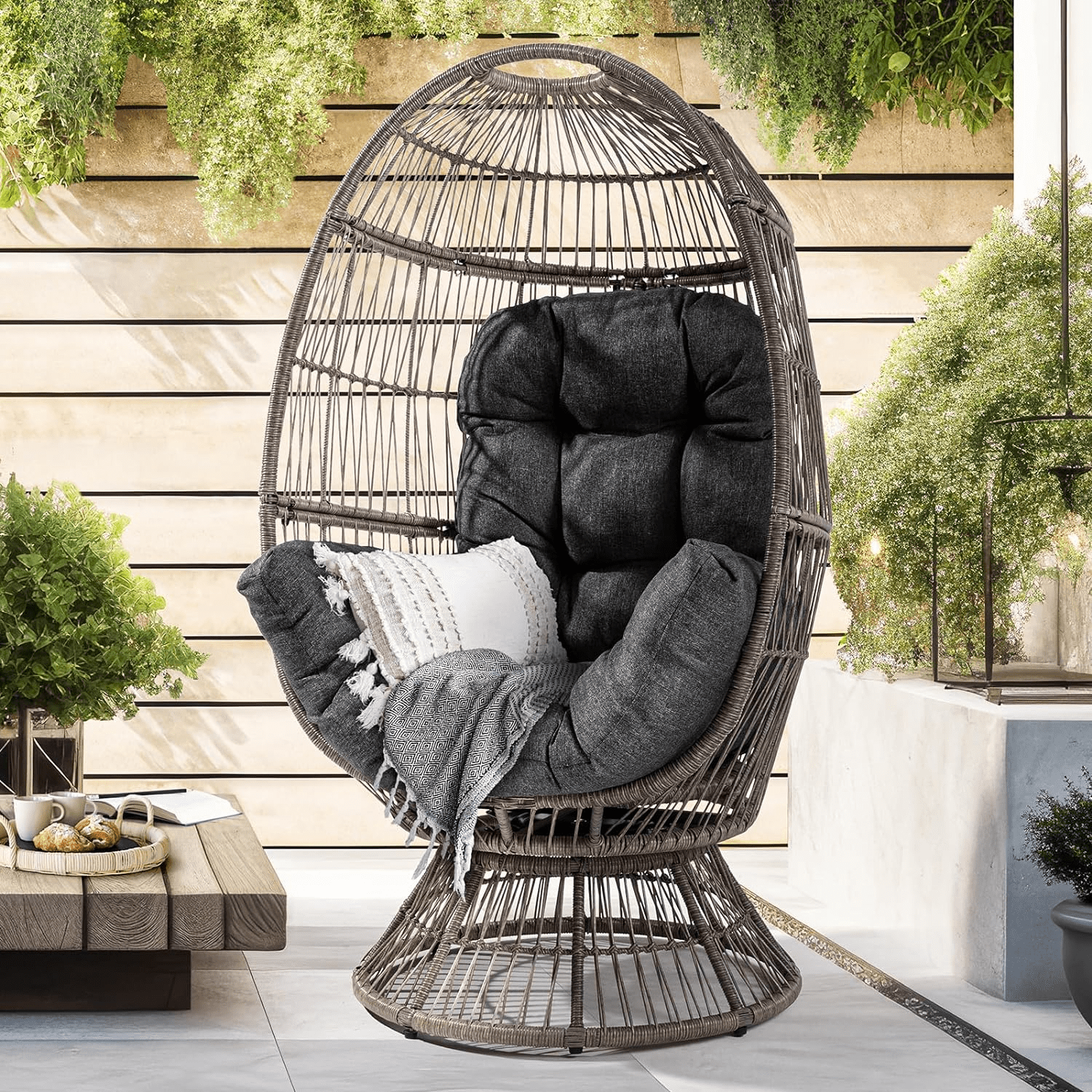 Wicker Egg Chair With Cushion (Silver Cloud - Brown Base