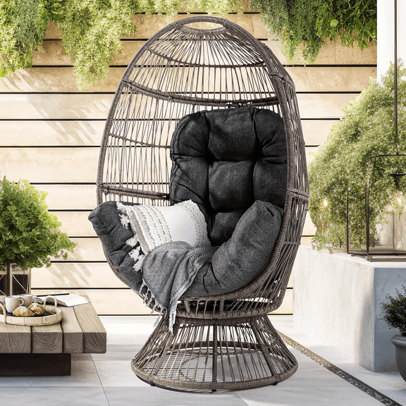 Wicker Egg Chair With Cushion (Silver Cloud - Brown Base)