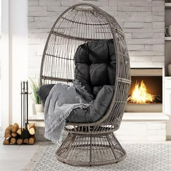 Wicker Egg Chair With Cushion - Swivel Design (Onyx Stone - Grey Base)