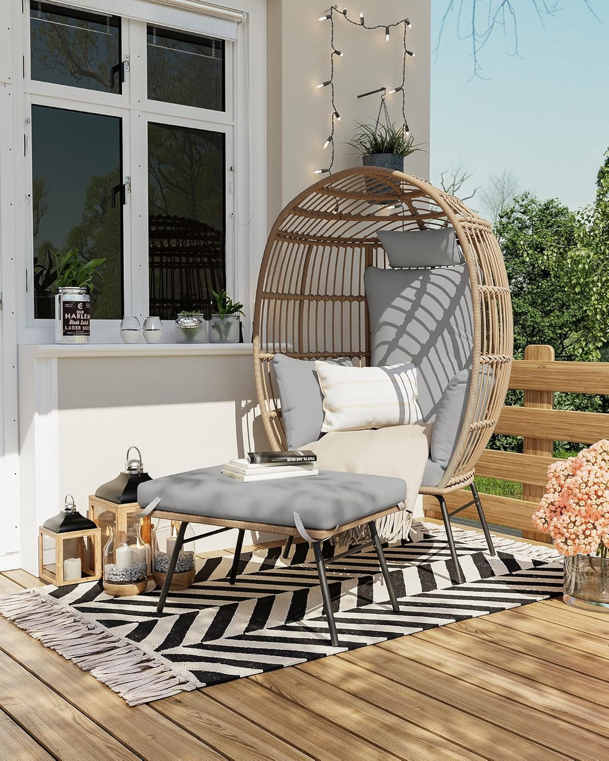 Wicker Egg Chair with Ottoman, Comfy Egg Rattan Chair Egg Basket Lounge ...
