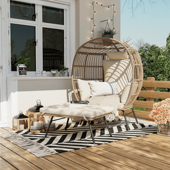 Wicker Egg Chair with Ottoman,Outdoor Indoor Large Egg Basket Lounge Recliner Chair with Thick Cushion for Patio Porch Backyard