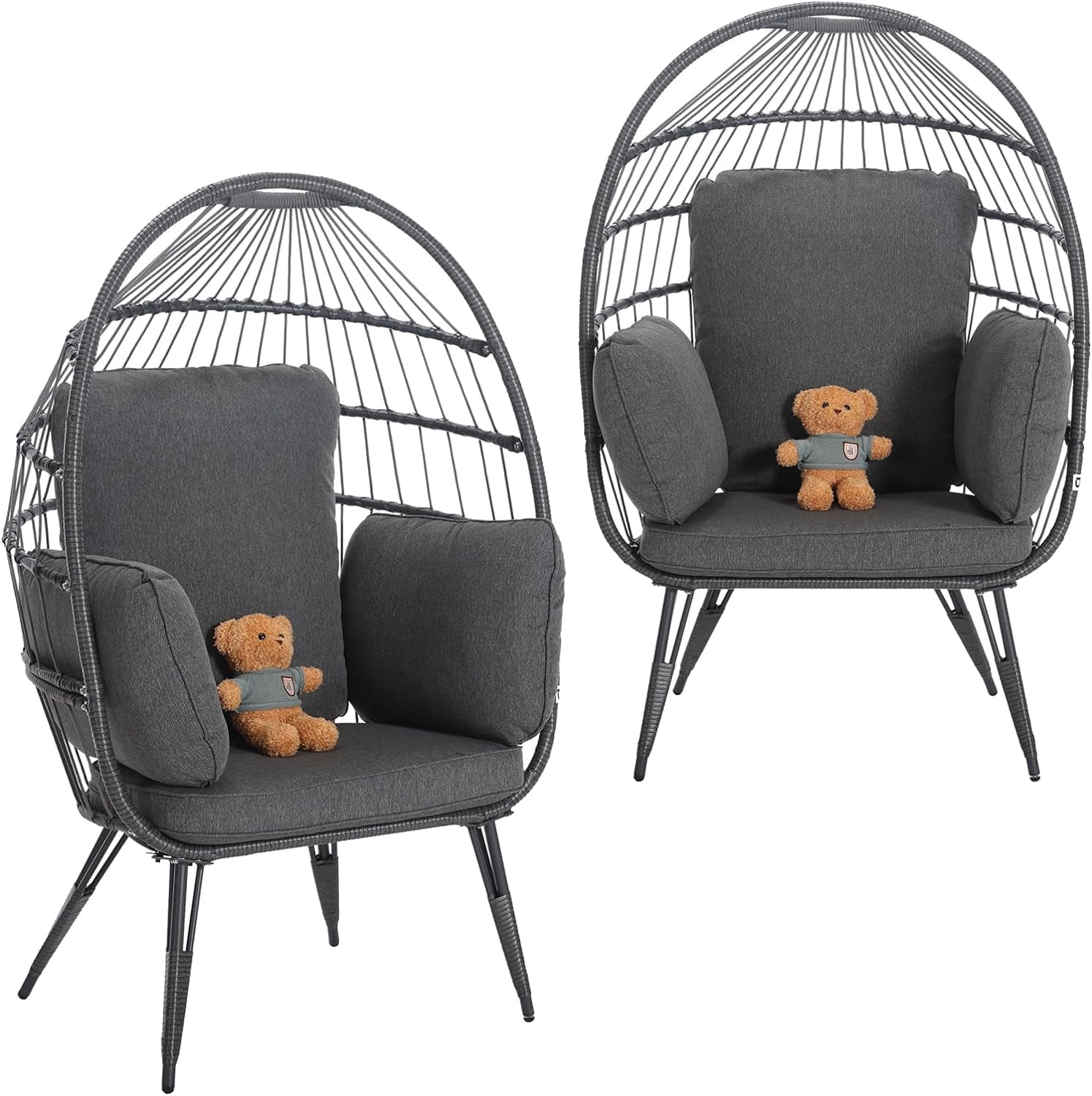 Wicker Egg Chairs Outdoor Set of 2 Oversized Rattan Chairs Indoor with Solid Stand Comfy Patio Basket Chairs with Soft Cushions Modern Lounge