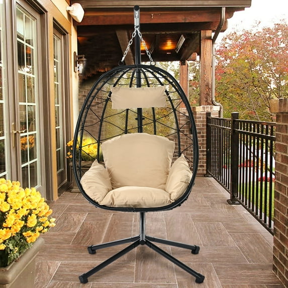 Wicker Egg Hanging Chair, Indoor Outdoor Swing Egg Chair with Stand, Cushion & Pillow, Hammock Chair Swing with Stand, Hanging Lounge Chair for Patio Backyard Balcony Garden Bedroom, K3063