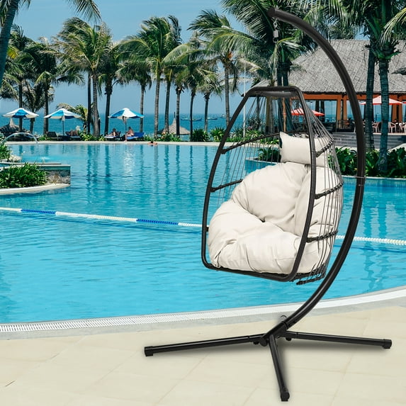Wicker Egg Hanging Chair, Indoor Outdoor Swing Egg Chair with Stand, Cushion & Pillow, Hammock Chair Swing with Stand, Hanging Lounge Chair for Patio Backyard Balcony Garden Bedroom, K3092