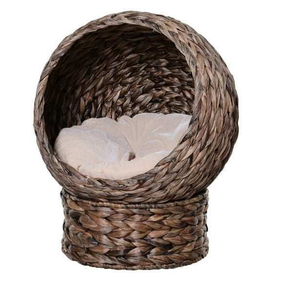 Wicker Elevated Cat Bed with Cushion - Cozy Cat Cave for Kittens - Dark Brown Basket Weave Design - Indoor Cat Furniture - Up to 11 lbs