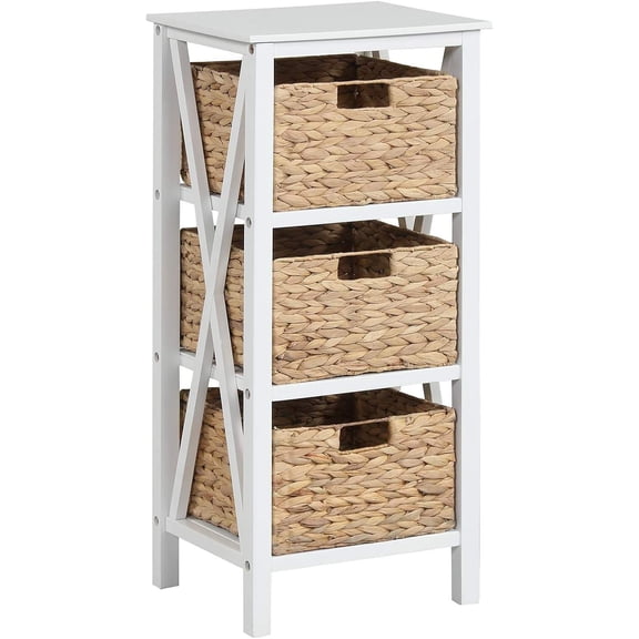 Wicker End Table with 3 Baskets, X-Shaped Frame & Wood Legs, 3-Tier Side Table for Living Room or Bedroom, White