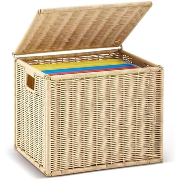 Wicker File Storage Box Organizer 14.17 x 11.81 x 11.42 Inch Decorative File Baskets for Hanging Folders Portable Collapsible Letter Size Document Filing Cabinet with Lid for Office Decor$$Office