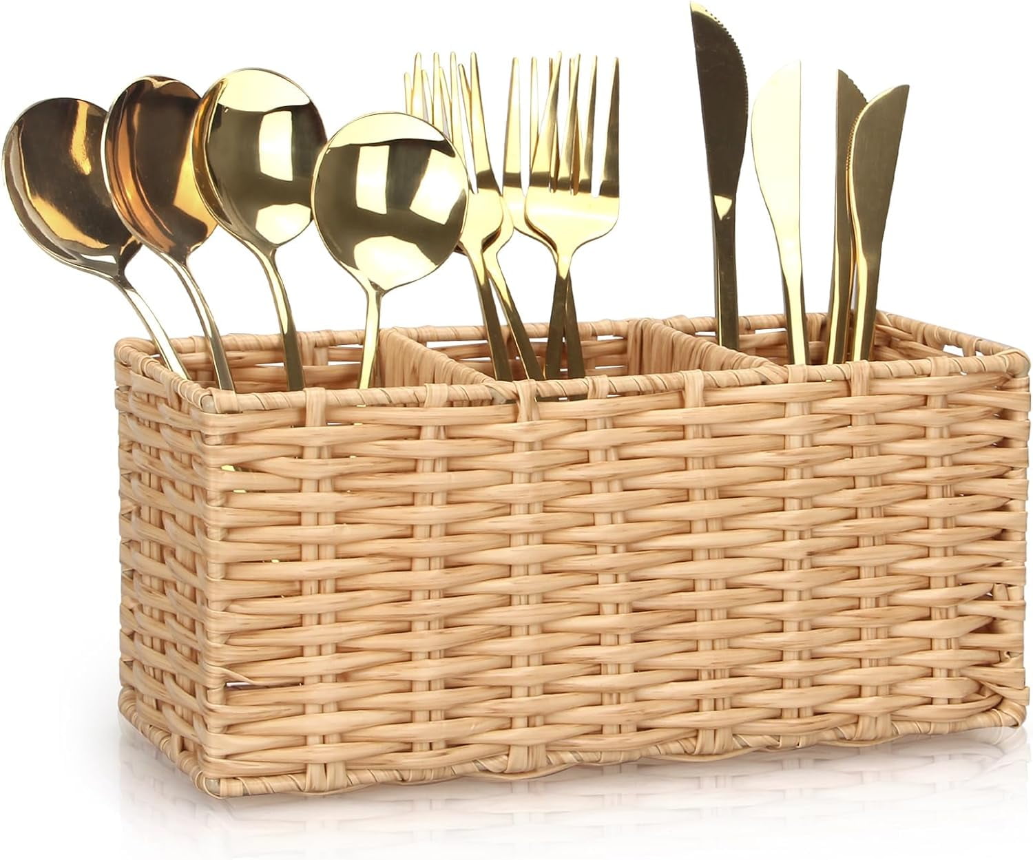 Wicker Flatware Silverware Caddy Cutlery Holder Kitchen Storage for Countertop Small Utensil Holders Party Table Spoon Knives Fork Holder Flatware Utensils Caddy Basket