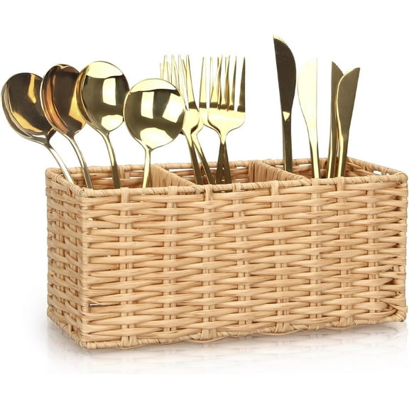 Wicker Flatware Silverware Caddy Cutlery Holder Kitchen Storage for Countertop Small Utensil Holders Party Table Spoon Knives Fork Holder Flatware Utensils Caddy Basket