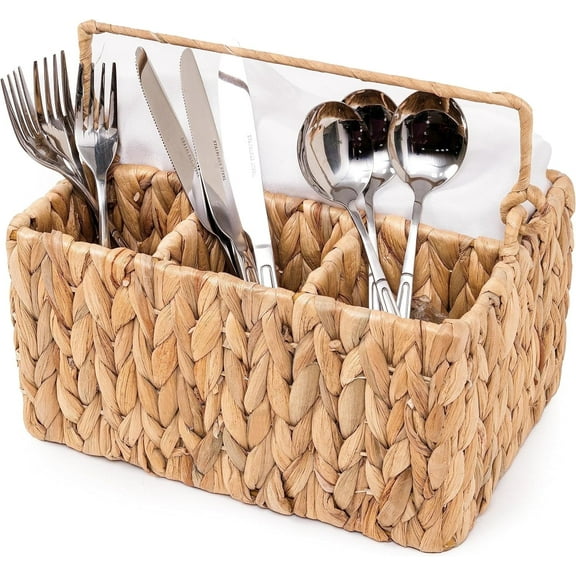 Wicker Flatware Storage Basket, Utensil Caddy, Hand Woven Divided Utensil Caddy Holder,Farmhouse Wicker Baskets with Handle for Countertop Party (Rectangular,26 x 20 x 15cm)