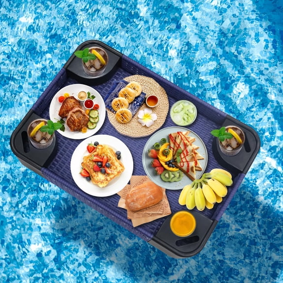 Wicker Floating Tray For Pool And Hot Tub, Large Floating Beverage Serving Tray With Cup Holders And Phone Slots, Durable Water Resistant Rattan Food Cooler Caddy For Summer Pool Party, Blue