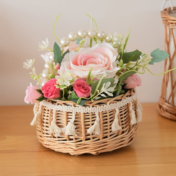 Wicker Flower Basket,Rustic Hand Woven Rattan Wedding Basket with Pearl Handle and Lace,Storage Baskets for Home Weddings Bridal Anniversary Party Decor