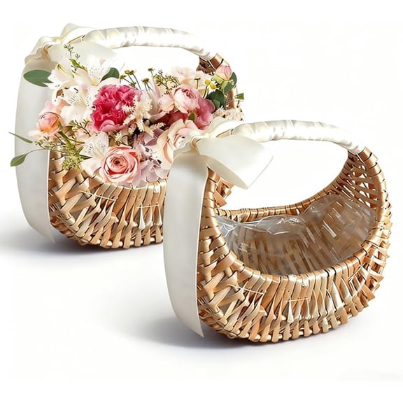 Wicker Flower Girl Basket 2pcs,Natural Flower Basket with Ribbon Bow for Wedding Flower Girl or Picnic (flower not include)