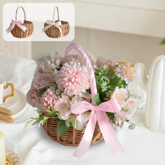 Wicker Flower Girl Basket with Bows,White & Pink Decorative Bamboo Storage Basket with Handle, Rustic Home Decor, Wedding Flower Girl Basket and Home Decorations