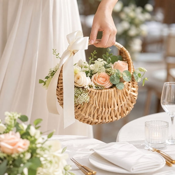 Wicker Flower Girl Basket, Natural Flower Basket with Ribbon Bow for Wedding Flower Girl or Picnic