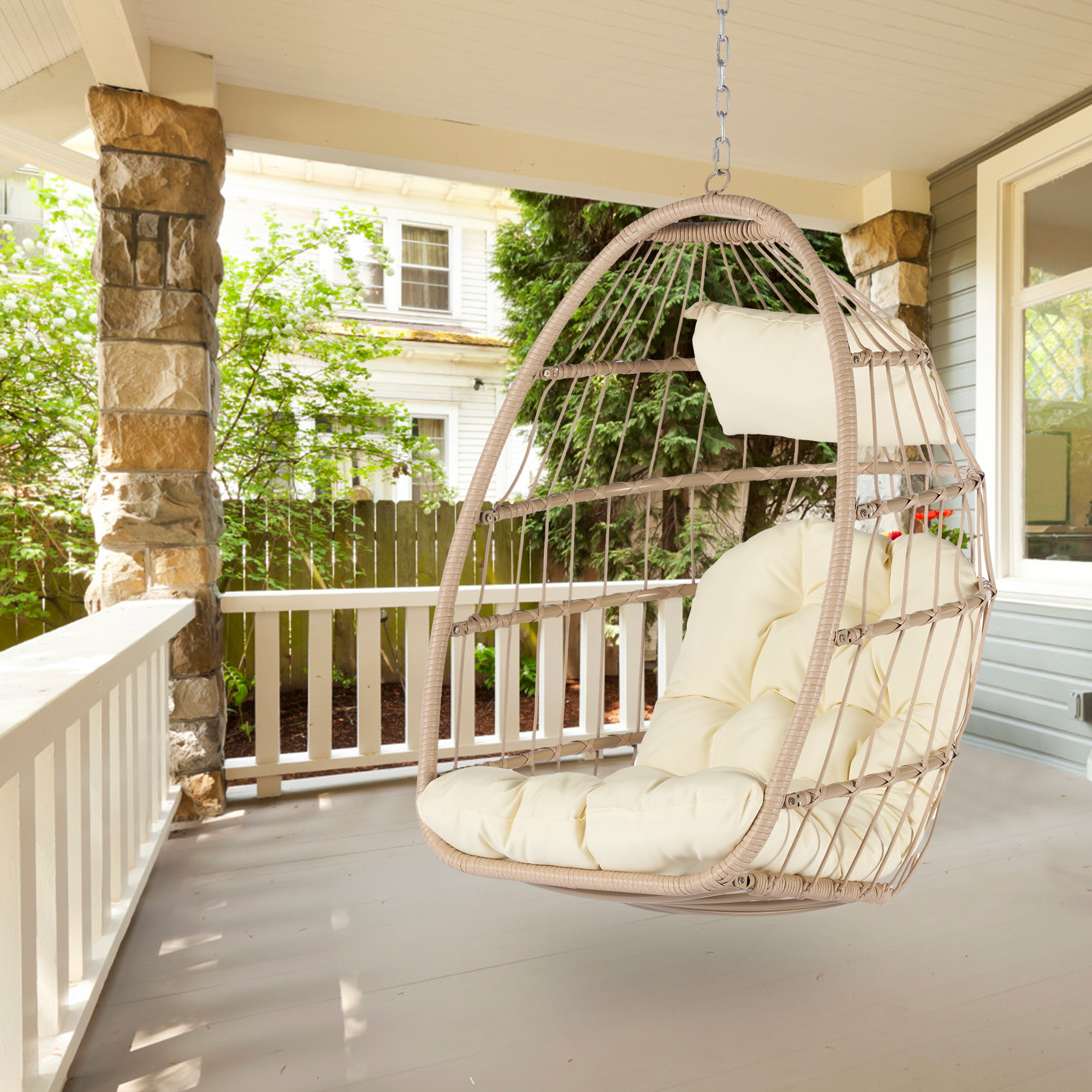 Wicker Folding Egg Chair, Indoor Outdoor Swing Egg Chair, Garden Porch Backyard Patio Lounge Chair, Khaki Cushion - image 1 of 10