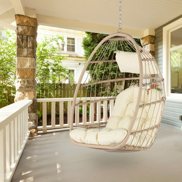 Wicker Folding Egg Chair, Indoor Outdoor Swing Egg Chair, Garden Porch Backyard Patio Lounge Chair, Khaki Cushion