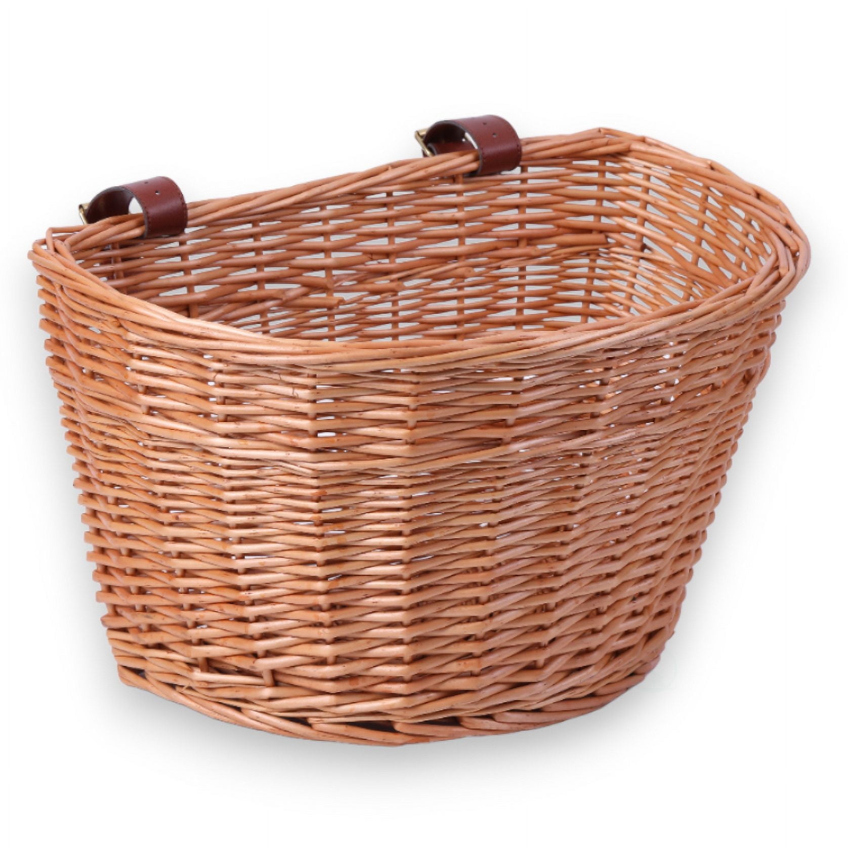 Brown Wicker Front Bike Basket with Faux Leather Straps