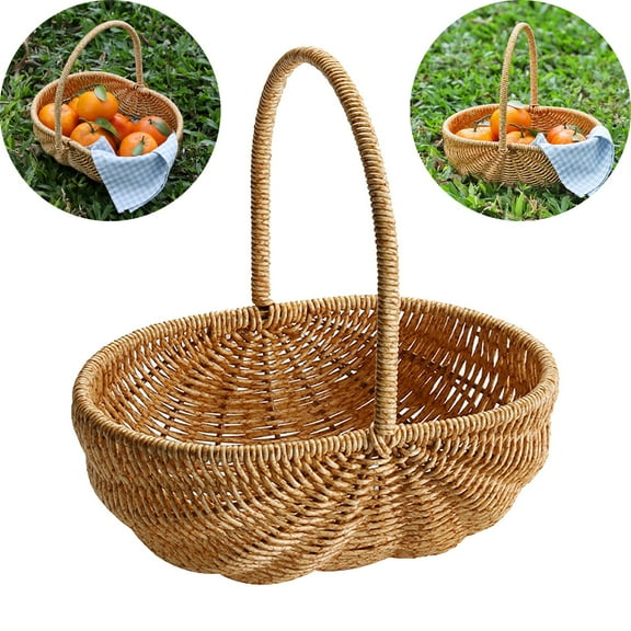 Wicker Fruit Basket Basdi Imitation Wicker Fruit Basket - Multi-Purpose Grocery & Picnic Carrier with Handheld Handle | Charming Seasonal Decor for Outdoor Activities, Picnic Carrier, Rose Gold