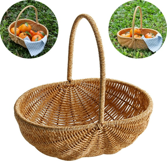 Wicker Fruit Basket Basdi Imitation Wicker Fruit Basket - Multi-Purpose Grocery & Picnic Carrier with Handheld Handle | Charming Seasonal Decor for Outdoor Activities, Picnic Carrier, Khaki