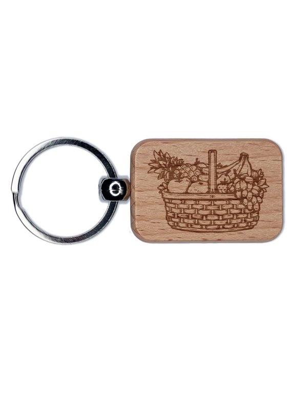 Wicker Fruit Basket with Grapes Bananas Pineapple Apple Orange Pear Rectangle Keychain Charm Tag - Engraved Wood