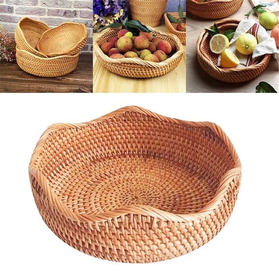 Wicker Fruit Bowl Basdi Natural Wicker Round Fruit Basket - Handwoven Cane Storage Bowl for Bread & Snacks, Decorative Kitchen Counter Organizer, Rustic Home Decor Essential, Rattan Snack Basket