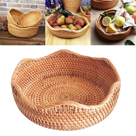 Wicker Fruit Bowl Basdi Natural Wicker Round Fruit Basket - Handwoven Cane Storage Bowl for Bread & Snacks, Decorative Kitchen Counter Organizer, Rustic Home Decor Essential, Rattan Snack Basket