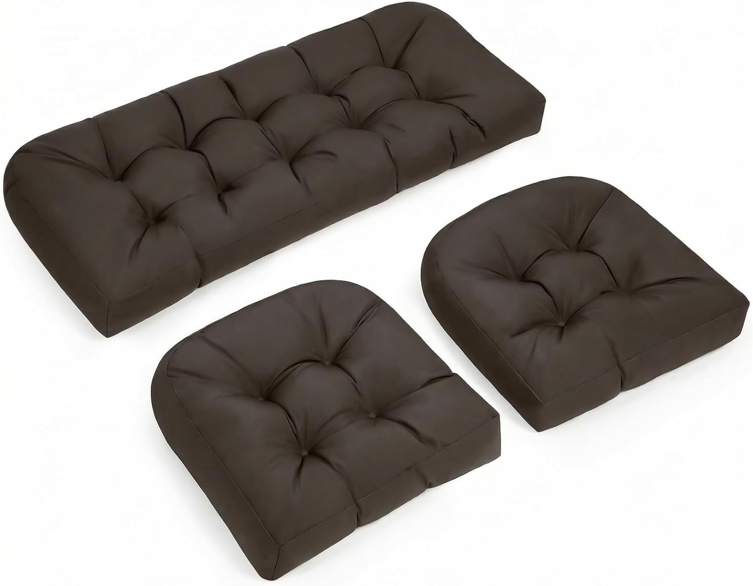 Wicker Furniture Cushions Set of 3, Waterproof Outdoor Loveseat Cushions for Patio Furniture, 4 Inch Thick Tufted Non-Slip Outdoor Cushions for Wicker Patio Furniture (Deep Coffee, 44" x 19")
