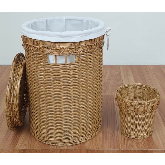 Wicker Hamper Round Lined Beaded Victorian Style  AND Matching Round Waste Basket Caramel