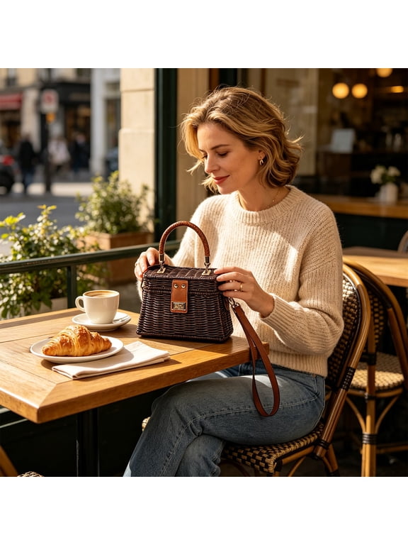 Wicker Handbag Box Purse Basket with Handle Lightweight Waterproof for Summer Beach and Daily Travel Crossbody