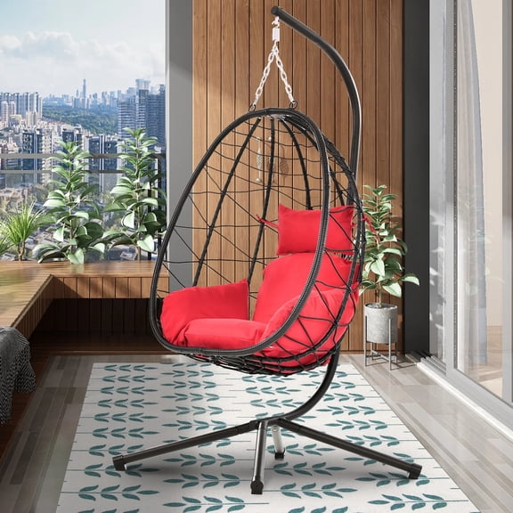 Egg Chair with Stand Indoor Outdoor – Hanging Wicker Swing Chair, Patio Hanging Basket Chair with Cushion, All-Weather Rattan Hammock Chair for Bedroom Living Room Balcony